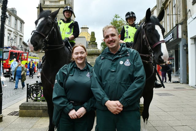 Scottish Ambulance Service staff with Police horses Lanark with PC Gormley and Elgin with PC Ord.