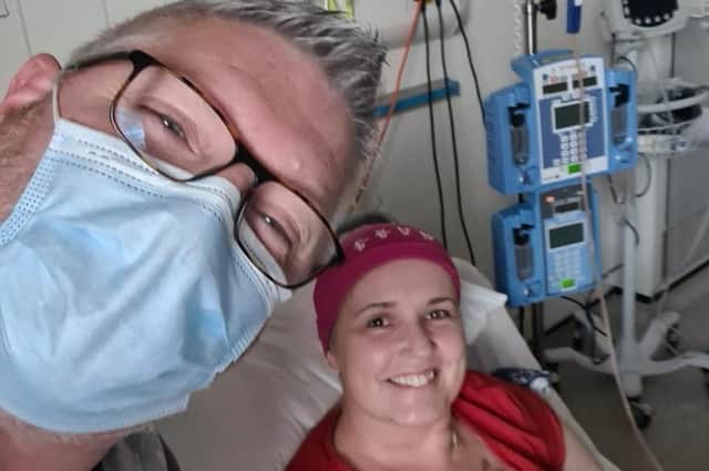 Liz Rankin and husband Dave in hospital on the day Liz was to have her bone marrow transplant. (Pic: submitted)