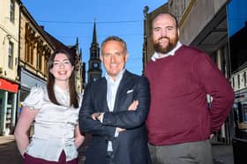 Alex Cole-Hamilton, leader of the Scottish Liberal Democrats was on Falkirk's High Street with candidates Lucy Smith (Falkirk West) and Paul McGarry (Falkirk East and Linlithgow. Pic: Michael Gillen