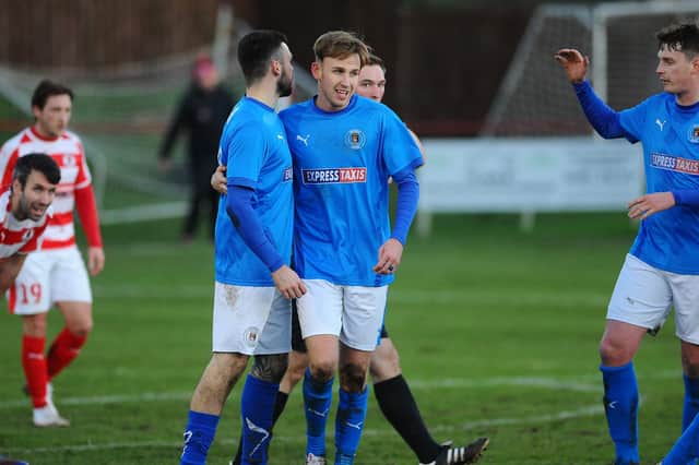 Bo'ness celebrate Zander Miller's opener . . . but it all went wrong after that for the visitors (pic: Michael Gillen)