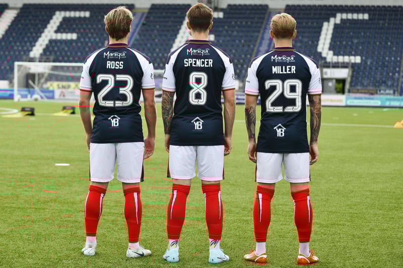 Falkirk’s new kit for the 2025/26 football season, their first since 2010 to feature a Scottish Premiership badge after two promotions in as many years under manager John McGlynn, being modelled by Ethan Ross, Brad Spencer and Calvin Miller