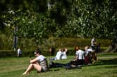 People enjoying a park on a warm day.