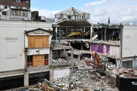Demolition work is ongoing at Callendar Square to make way for the new art centre and town hall.  (Pic: Michael Gillen)