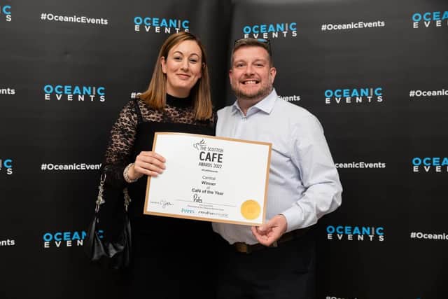 Nicky Don from Pots cafe in Falkirk, named Central Scotland Cafe of the year, with partner Leon Whittit