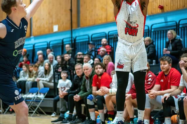 Falkirk Fury’s Javon Daniels shoots against opponents Dunfermline Reign (Pictures by Gary Smith)