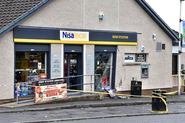 A car struck the building at around 9.25am this morning. Pic: Michael Gillen.