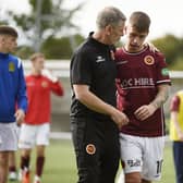 Stenhousemuir boss Gary Naysmith with Matty Yates at the end of the match (Photo: Alan Murray)