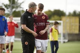 Stenhousemuir boss Gary Naysmith with Matty Yates at the end of the match (Photo: Alan Murray)