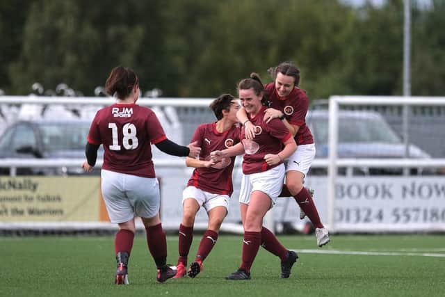 Carly Lauder (Stenhousemuir, trialist) flies past the wall and Gleniffer Thistle Ladies goalkeeper Sophie Cannon to make the final score 2-2 during the Scottish Women’s Football League One match at Ochilview Park, Stenhousemuir, Scotland

Alex Todd | Sportpix for SWF