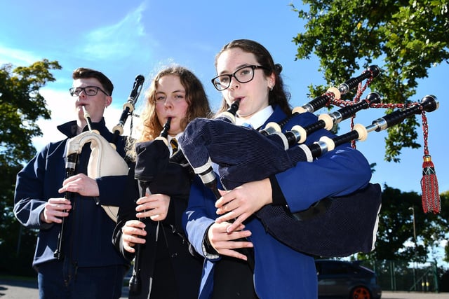 Peter Mackay 17, Renfrewshire Schools Pipe Band; Libby Bezuidenhout 13, Oban High School Pipe Band and Eloise Adam 13, Falkirk Schools Pipe Band, have been practicing a new piece of music together for their trip to New York next year.