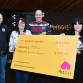 Handing over £1550 to Maggie's Forth Valley raised from a charity football match in October to commemorate Ian Wallace. The same amount also went to Strathcarron Hospice and Forth Valley Royal Hospital ICU. Left to right, Tam McKendrick, Dunipace FC Development squad secretary and committee member; Linda Wallace, wife of Ian Wallace; Cameron Shanks and Cristina Pouso, Maggie's Forth Valley Centre Fundraising Manager. Picture: Michael Gillen