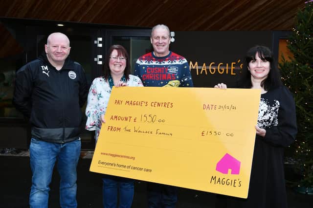 Handing over £1550 to Maggie's Forth Valley raised from a charity football match in October to commemorate Ian Wallace. The same amount also went to Strathcarron Hospice and Forth Valley Royal Hospital ICU. Left to right, Tam McKendrick, Dunipace FC Development squad secretary and committee member; Linda Wallace, wife of Ian Wallace; Cameron Shanks and Cristina Pouso, Maggie's Forth Valley Centre Fundraising Manager. Picture: Michael Gillen