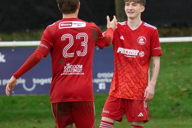 Rhys Walker celebrates scoring for Camelon Juniors at Livingston United (Pics by Kristopher Dowell)