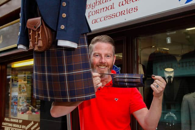 JH Kilt Hire is selling a range of tartan face coverings in order to support the work of Strathcarron Hospice. Picture: Scott Louden.