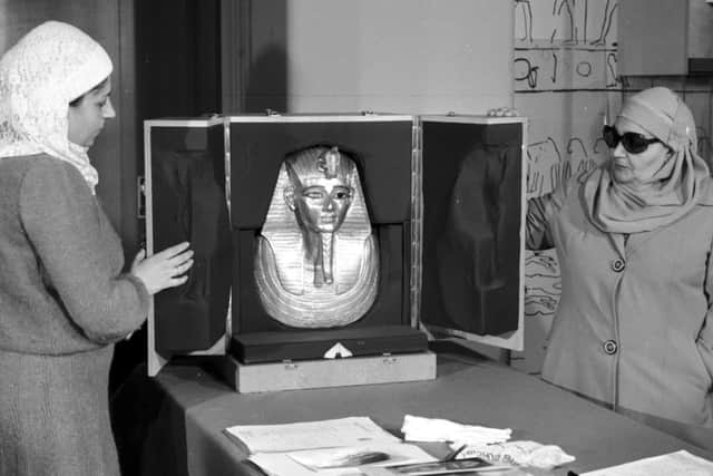 Curators from Cairo museum unpack the golden funeral mask of Pharaoh Psusennes I  for the Gold of the Pharaohs exhibition at the City Art Centre in Edinburgh, January 1988 
Pic by: Albert Jordan
