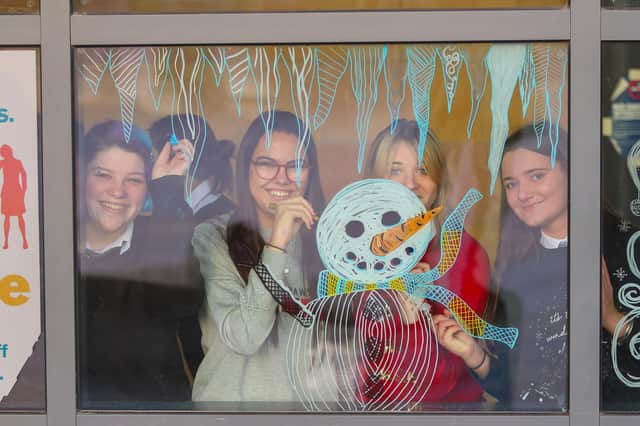 Art students from Larbert High decorated the windows at Forth Valley Royal Hospital and the Maggie's Centre recently.  (Pic: Scott Louden)