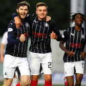 Aidan Keena, left, celebrates with Ben Weekes after scoring Falkirk's third goal in their 3-0 midweek win over East Kilbride in the SPFL Trust Trophy first round (picture by Michael Gillen).