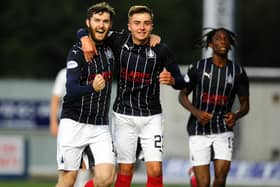 Aidan Keena, left, celebrates with Ben Weekes after scoring Falkirk's third goal in their 3-0 midweek win over East Kilbride in the SPFL Trust Trophy first round (picture by Michael Gillen).