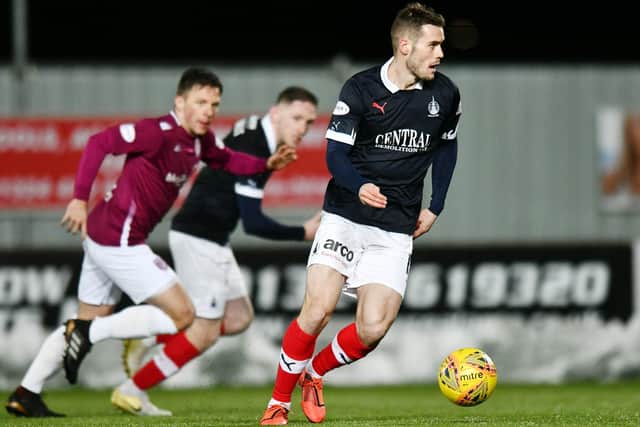 Josh Todd on the ball for Falkirk as the bairns beat Arbroath 2-0 in January. Photo: Michael Gillen
