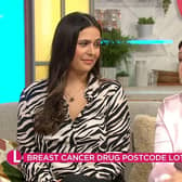 Mandie Stevenson on Lorraine today discussing breast cancer treatment postcode lottery, alongside Hannah Gardner who lives in England and can't access the same drugs. Pic: ITV/Lorraine