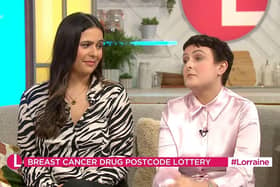 Mandie Stevenson on Lorraine today discussing breast cancer treatment postcode lottery, alongside Hannah Gardner who lives in England and can't access the same drugs. Pic: ITV/Lorraine