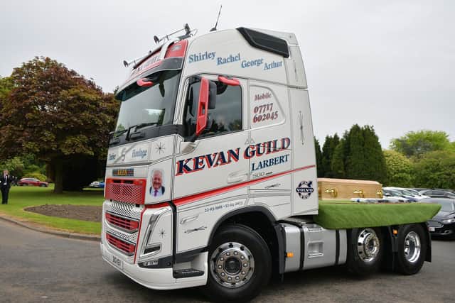 The coffin of Larbert lorry driver Kevan Guild was carried on a personalised vehicle, provided by friend Alex Anderson and driven by son Alan Anderson.