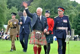 King Charles waves to members of the public who gathered at Kinneil House on Monday afternoon for his visit.  (Pics: Michael Gillen)