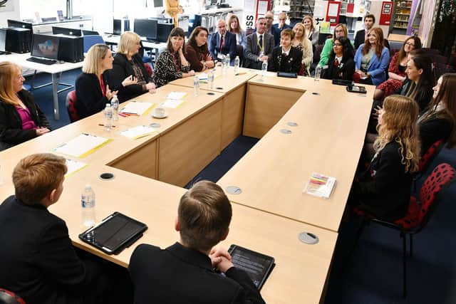 Education Secretary Jenny Gilruth hears from pupils how they have been involved in their school community at Braes HIgh. Pic: Michael Gillen