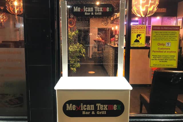 The Mexican Tex Mex Bar and Grill, in Grahams Road, Falkirk is just one of businesses which the Homefront Signs doorway booth has allowed to continue serving customers during lockdown