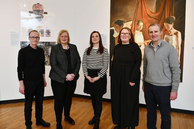 MSP Michael Matheson visited the exhibition and was joined by, left to right, Paul Eames, team leader (arts); Councillor Cecil Meiklejohn, leader of the council; artist Jacqueline Marr; and Gillian Smith, exhibitions officer.