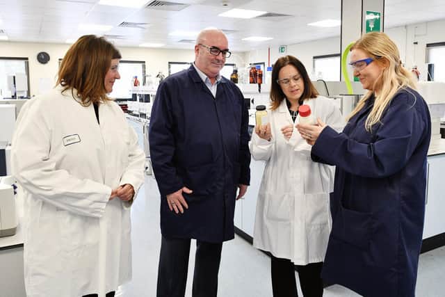 Pictured from left: Scottish Enterprise Managing Director for Innovation and Investment, Jane Martin; Syngenta Head of UK Manufacturing, Pete Waddington; Deputy First Minister Kate Forbes and Leanne Brown quality control manager.