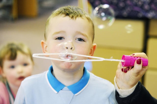 At the Imagination Station Joshua Mason, five, had fun blowing bubbles.