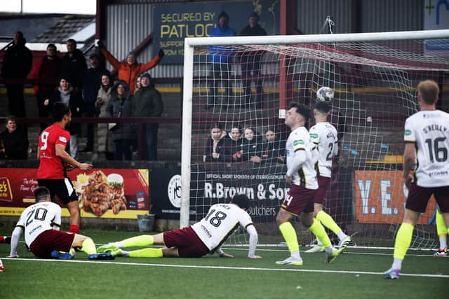 Stenhousemuir’s players watch on as Robert Jones’ late equaliser for Elgin City flies into the back of the net (Photo: Alan Murray)