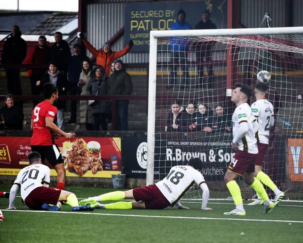 Stenhousemuir’s players watch on as Robert Jones’ late equaliser for Elgin City flies into the back of the net (Photo: Alan Murray)