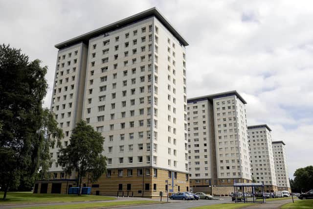 McIntyre was seen by police to dangle his feet out of the window sill  of his 13th floor flat in Falkirk's Marshall Tower