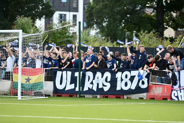 Some of the travelling Bairns support that made up the majority of the crowd at Meadowbank Stadium (Photo: Michael Gillen)
