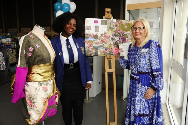 Larbert High pupil Ekua Osei with Deputy Area Manager Fiona Hannah and some of the sustainability project.