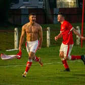 Camelon Juniors' Euan Baird celebrates after scoring a stunning late winner for his side against Burntisland Shipyard (Photo: Kristopher Dowell)