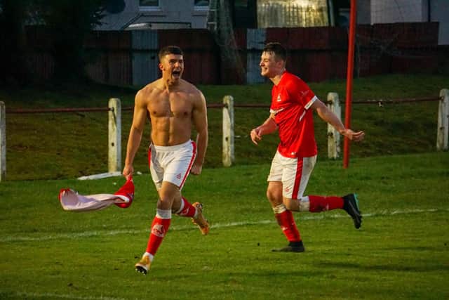 Camelon Juniors' Euan Baird celebrates after scoring a stunning late winner for his side against Burntisland Shipyard (Photo: Kristopher Dowell)