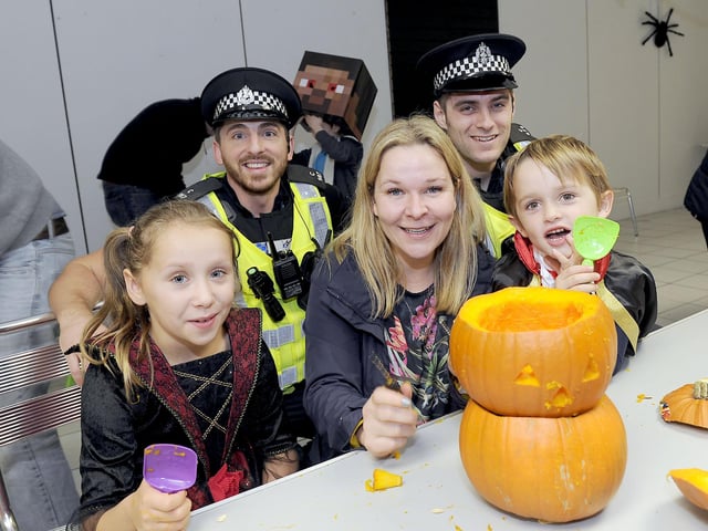 Falkirk town centre community police officers Ciaran Payne and Colin McInally join in the Hallowe'en fun.
