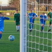 13/01/24 NETWOWN PARK Bo'ness Athletic v Stirling Uni EoS Second Division Ryan Robertson for Bo'ness, scores from the penalty spot to make the score 1-1 (Photo: Scott Louden)