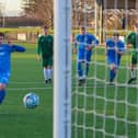 13/01/24 NETWOWN PARK Bo'ness Athletic v Stirling Uni EoS Second Division Ryan Robertson for Bo'ness, scores from the penalty spot to make the score 1-1 (Photo: Scott Louden)