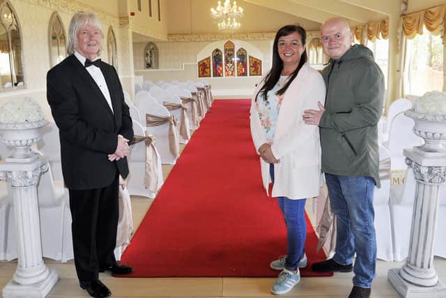 Three Kings owner David Cattanach and wedding competition winners, Lesley McGuinness and Chris O'Neill. Picture: Michael Gillen