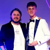 Jasiu Janowiec won the AMES Award for Best Higher Media Award at the Scottish Youth Film Festival at the weekend.  He's pictured here with his award and teacher Fraser Johnston.  (Pic: submitted)