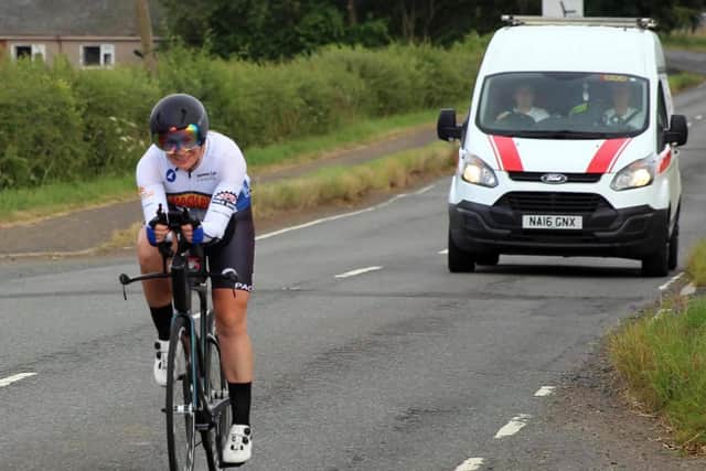 Christina Mackenzie cycling the 839-mile long route from Lands End to John O'Groats.