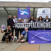 The group Faces And Voices of Recovery hold a protest outside the Scottish Parliament as Scotland's drugs death figures were published on July 28, 2022 in Edinburgh. Photo by Lisa Ferguson.