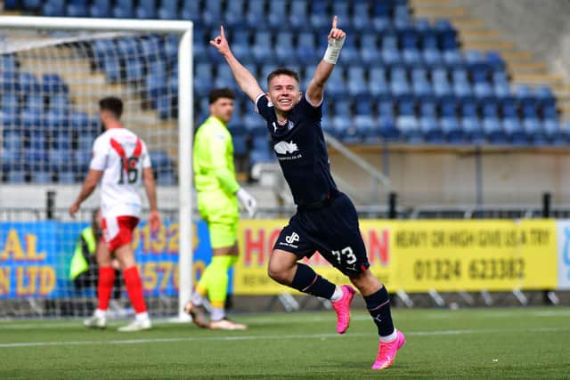 Kai Kennedy celebrates putting Falkirk 1-0 up against Airdrieonians (Pic Michael Gillen)