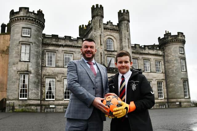 12-01-2023. Picture Michael Gillen. AIRTH. Airth Castle Hotel. Jordon Robertson, 12, who is going on Rangers FC Elite Soccer Academy trip to Abu Dhabi and Steven McLeod is funding.