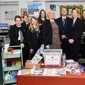 Education Secretary Jenny Gilruth visits Braes High School to see the innovative measures the pupils and staff are taking to help tackle the cost of the school day as part of Challenge Poverty Week. With pupils, head Iain Livingstone and council leader Councillor Cecil Meiklejohn. Pic: Michael Gillen