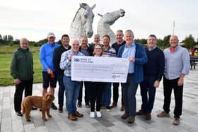 Larbert & Falkirk 41 Club £9000 cheque presentation to My Name’5 Doddie Foundation - holding the cheque Mark Northway, past chairman; Nicola Roseman, finance director My Name'5 Doddie Foundation and Billy Dougall, chairman.